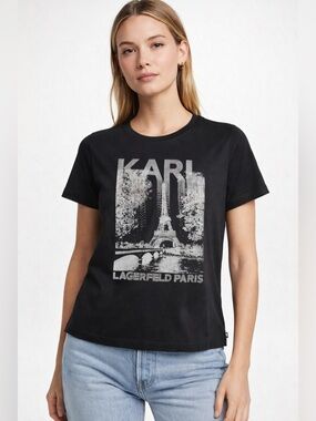 Karl Lagerfeld Women’s Black Tee with Silver Paris Eiffel Graphic Size L NWT